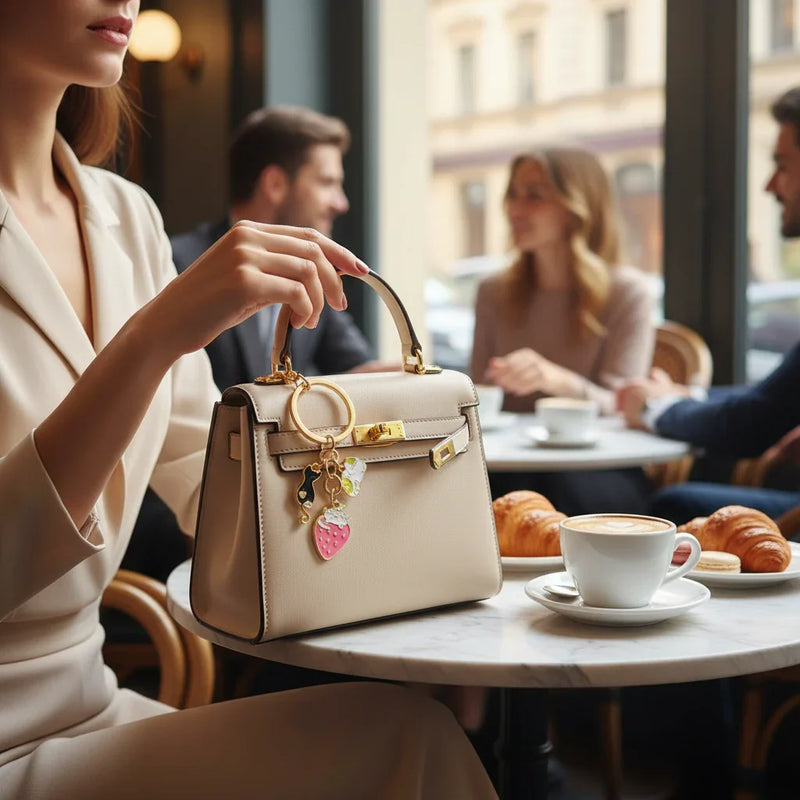 Keychain on bag in café