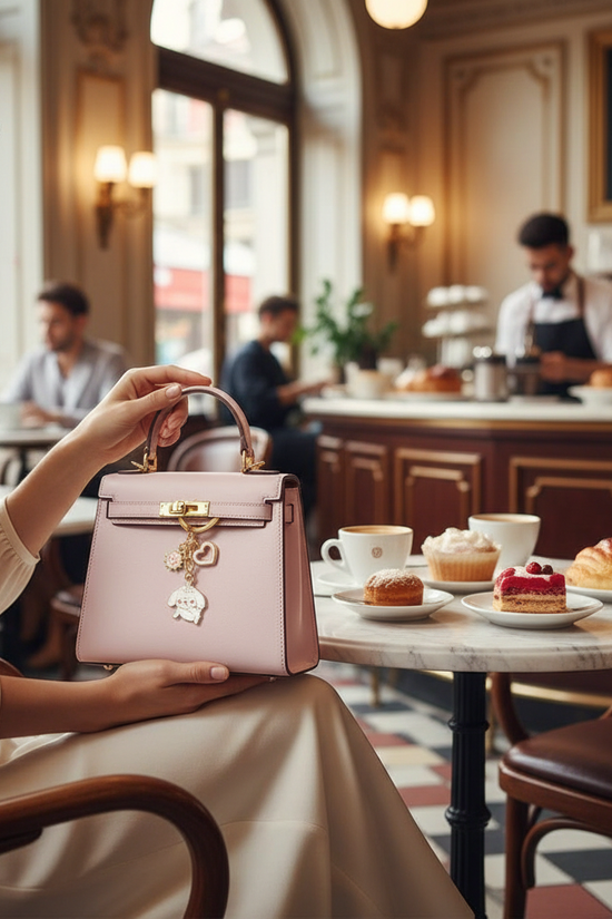 Keychain on bag in café
