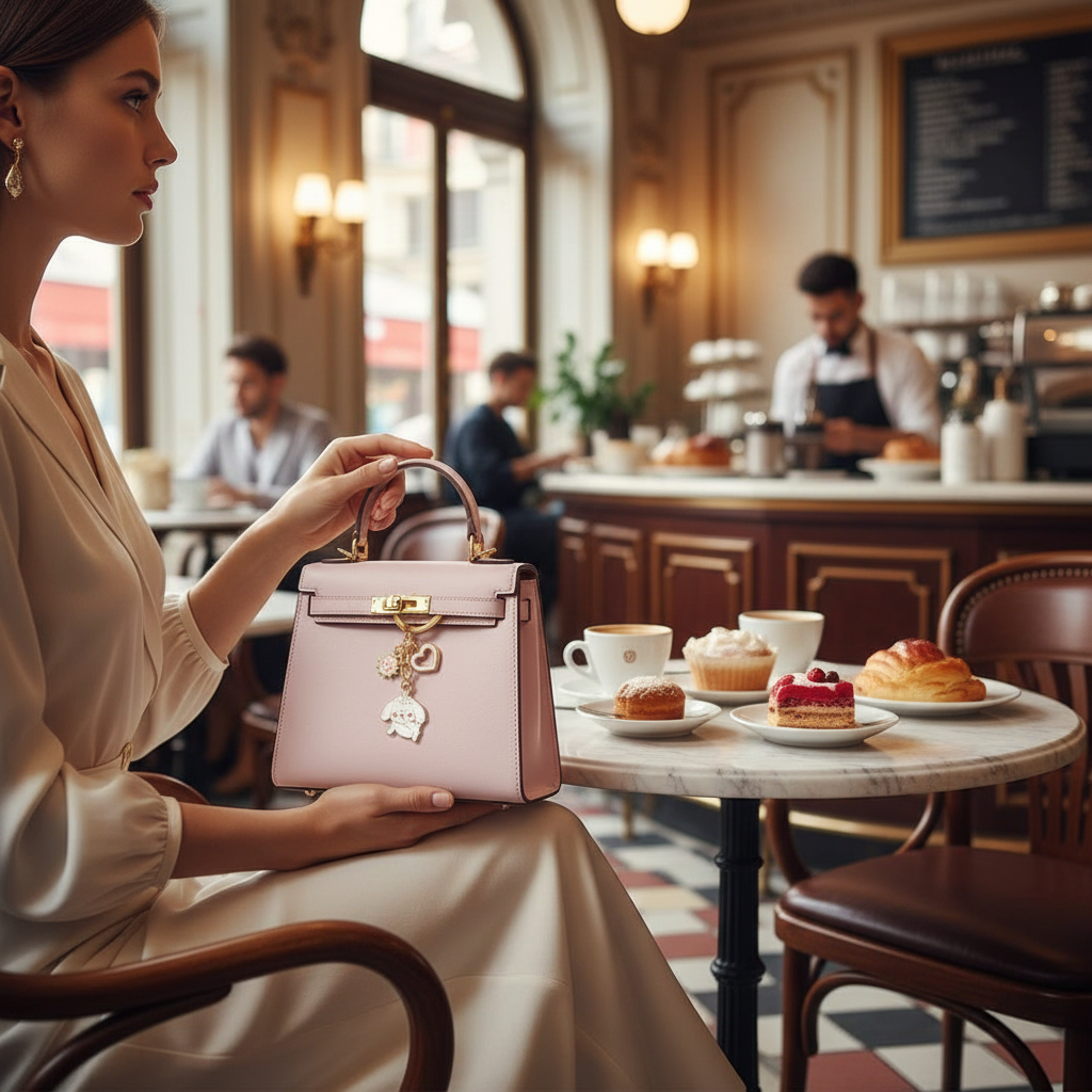 Keychain on bag in café