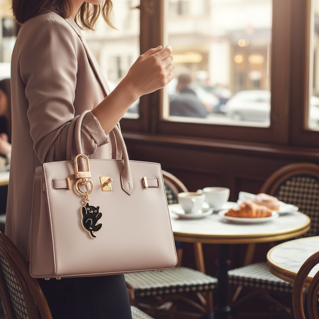 Keychain on bag in café