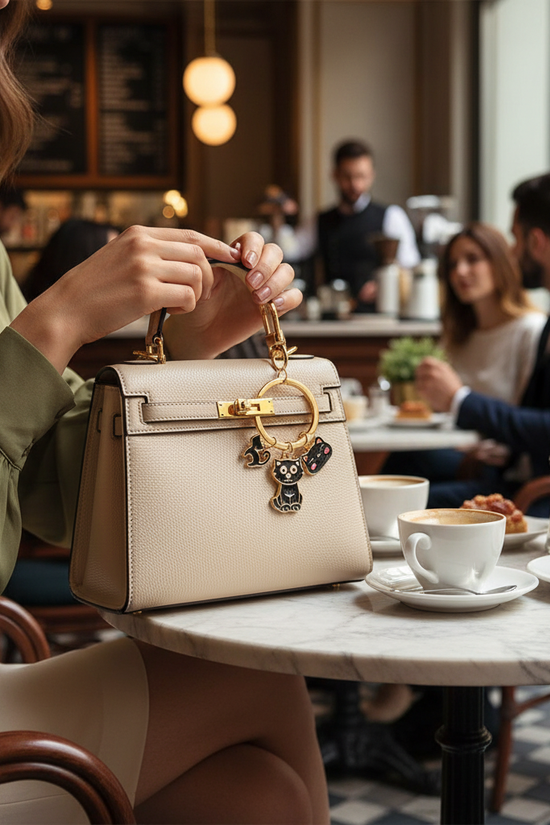 Keychain on bag in café