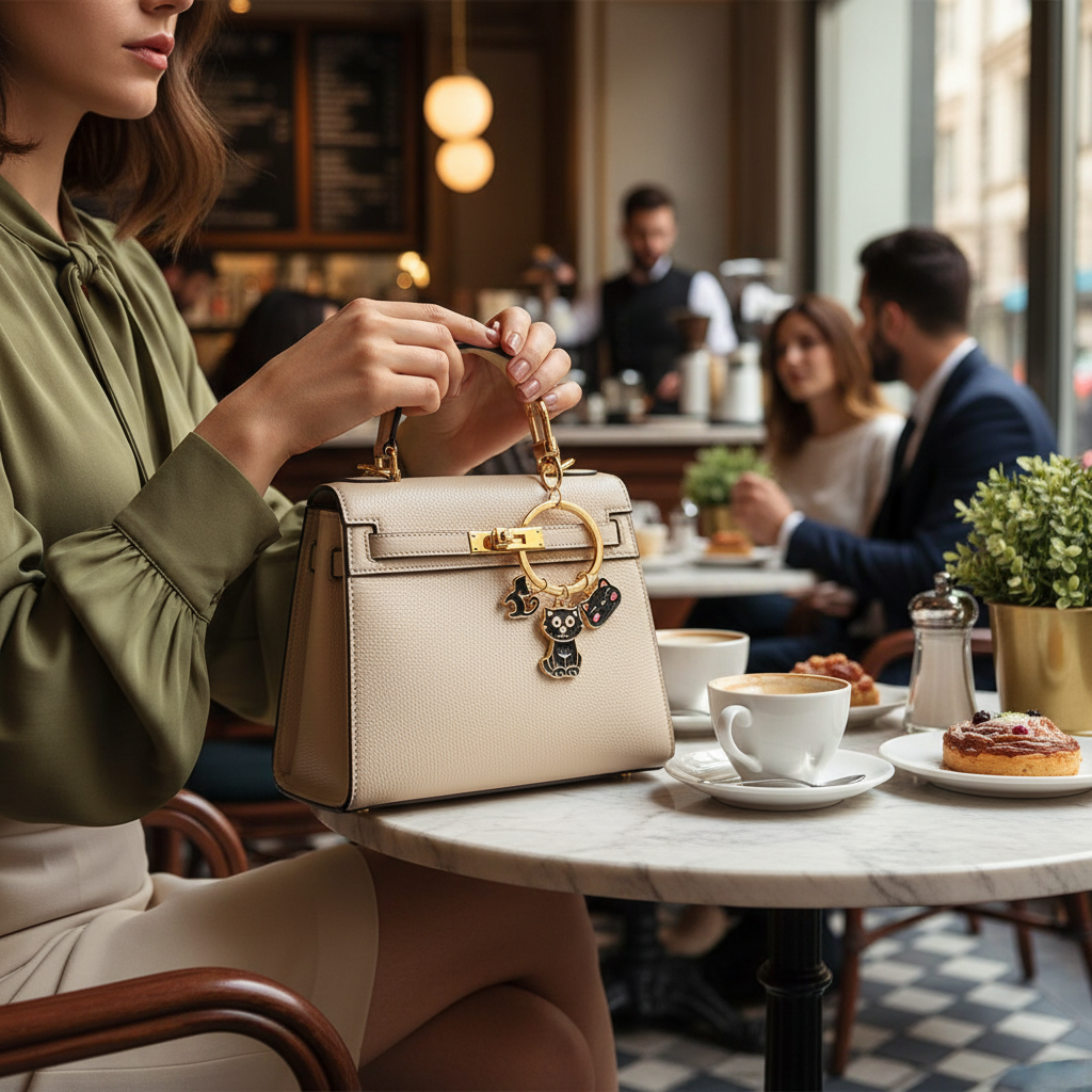 Keychain on bag in café