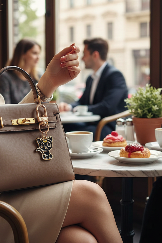 Keychain on bag in café