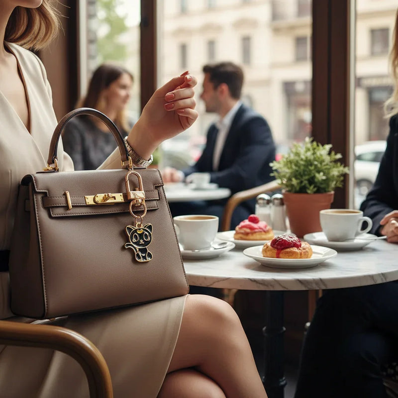 Keychain on bag in café