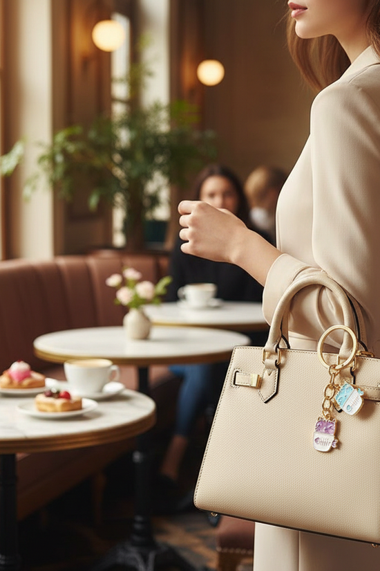 Keychain on bag in café