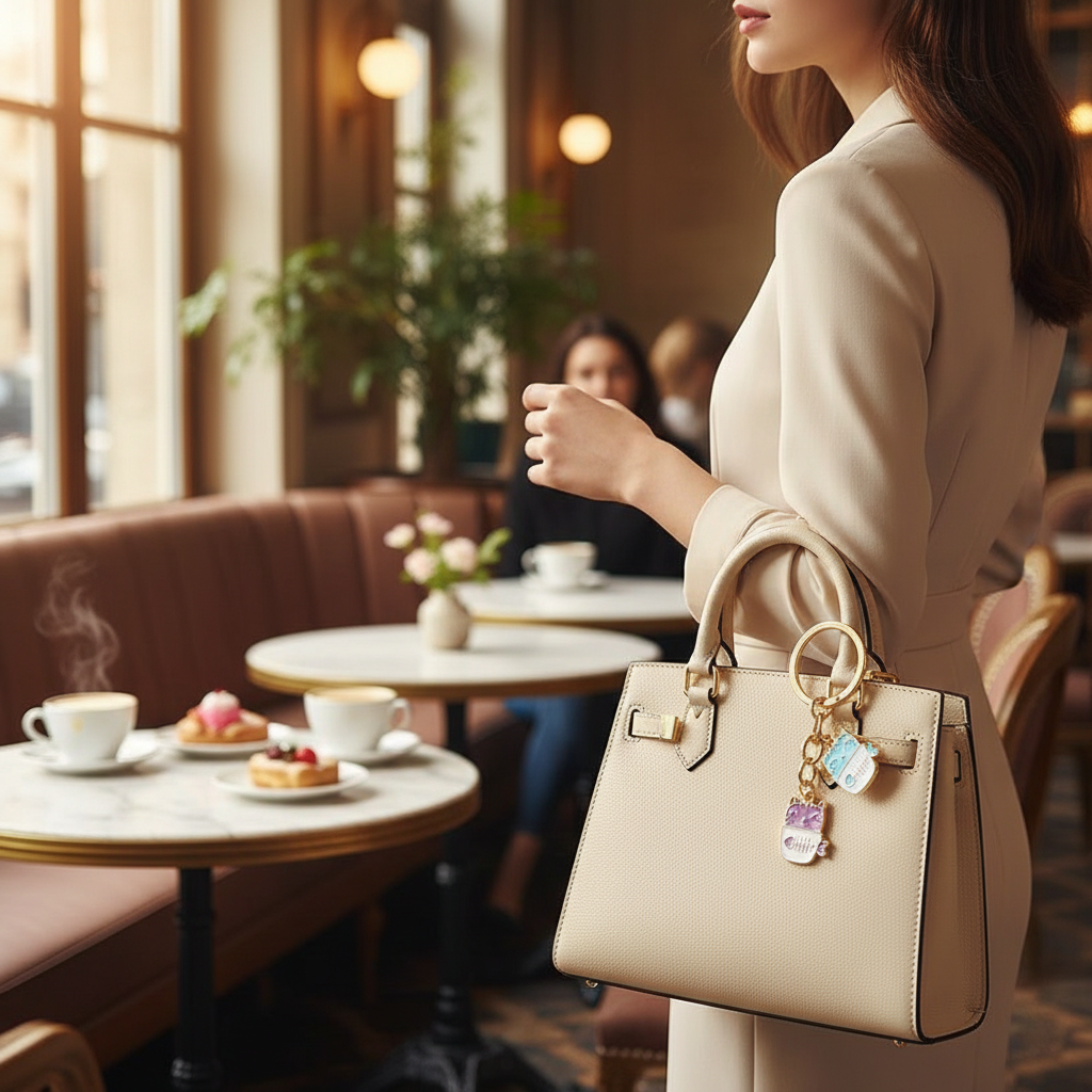 Keychain on bag in café