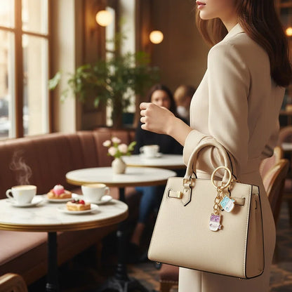 Keychain on bag in café