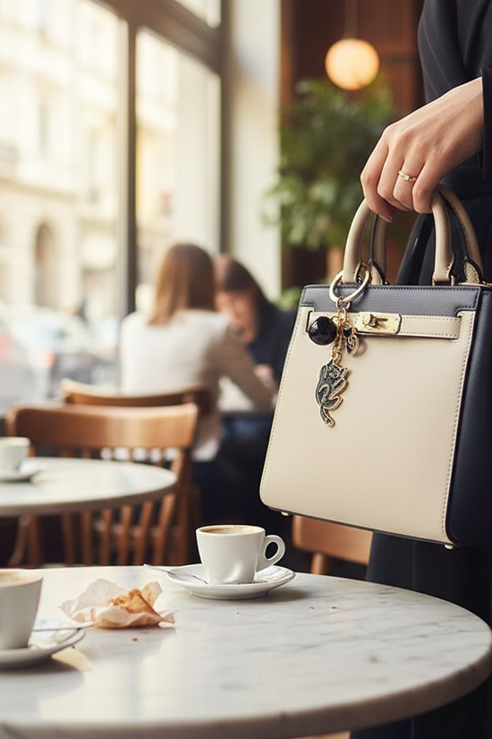 Keychain on bag in café