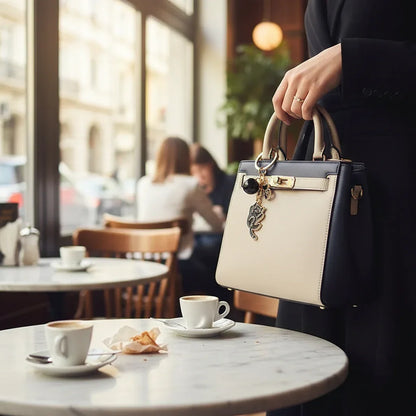 Keychain on bag in café