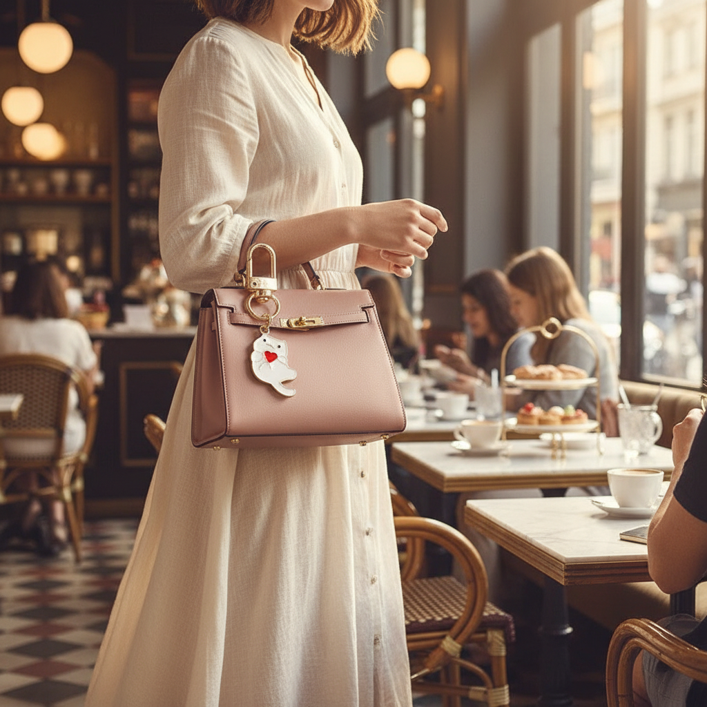 Keychain on bag in café