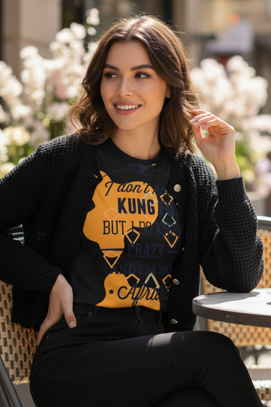 Kung Fu T-Shirt Black Jacket Café Seated