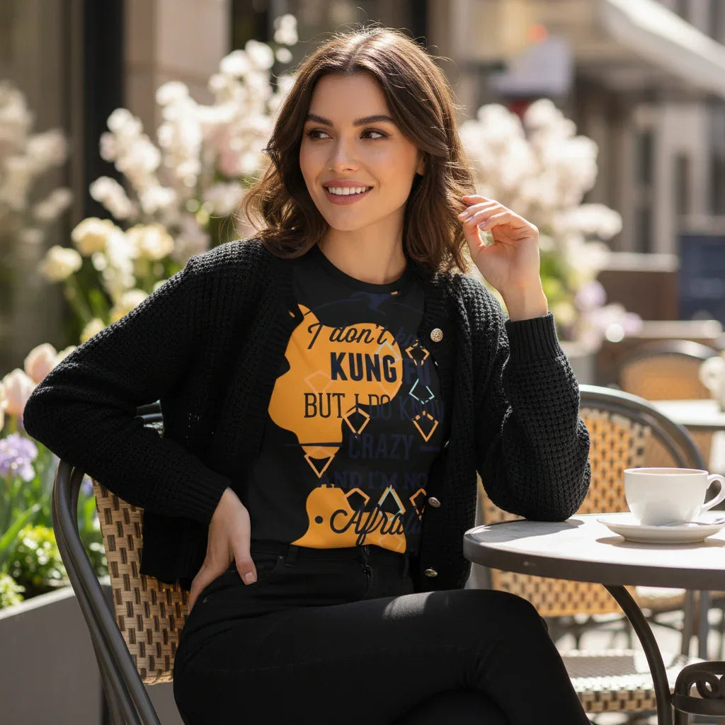 Kung Fu T-Shirt Black Jacket Café Seated