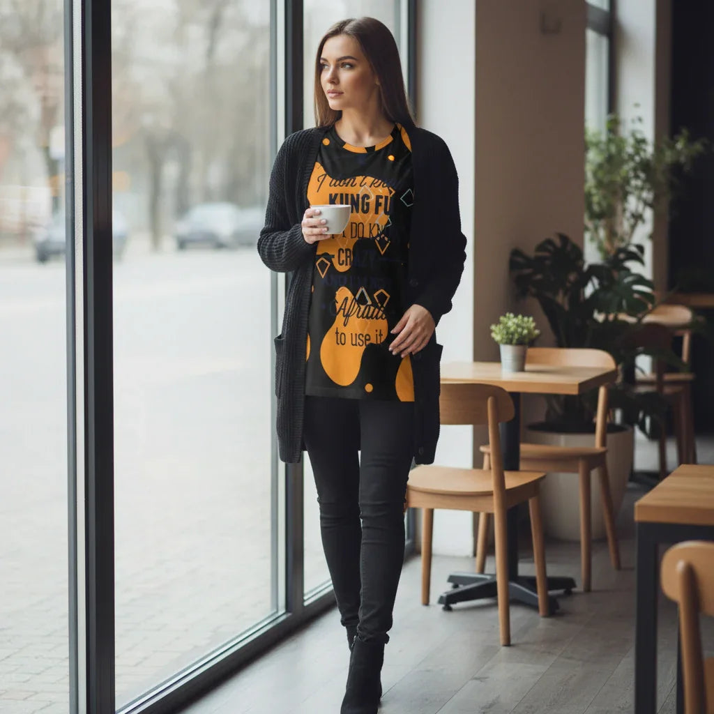 Kung Fu T-Shirt Black Jacket Café Window