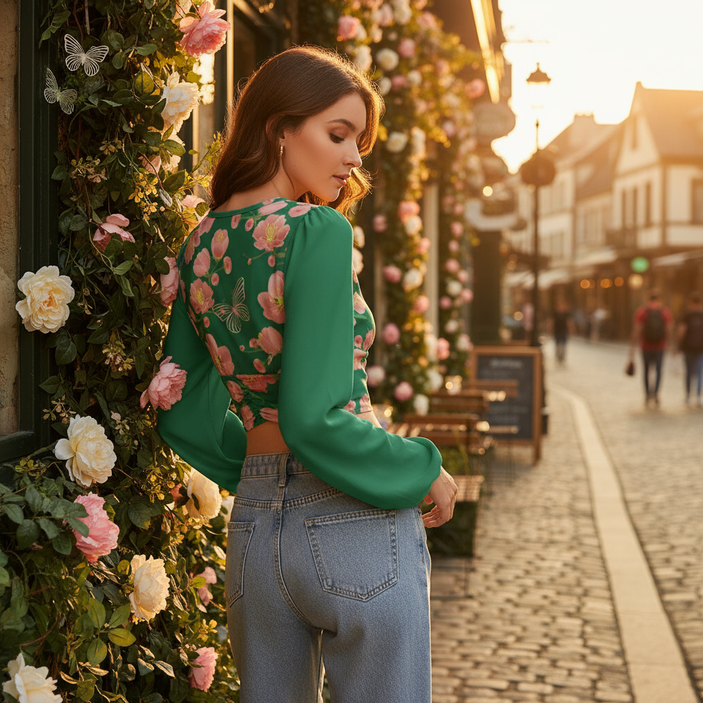 Leaning against flower wall, looking back