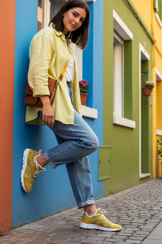 Leaning against vibrant European wall