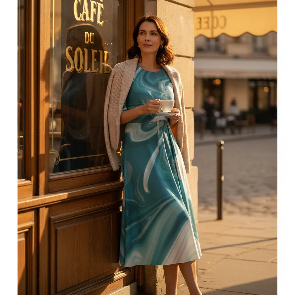 Stylish woman in a blue patterned dress with a sweater, holding coffee outside café window