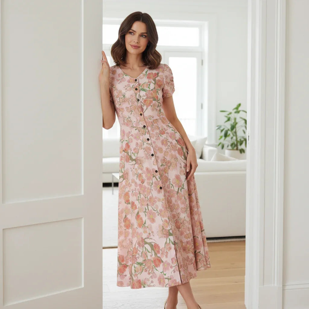 Woman in floral pink dress leaning in bright modern living room, Ivorynn stylish apparel