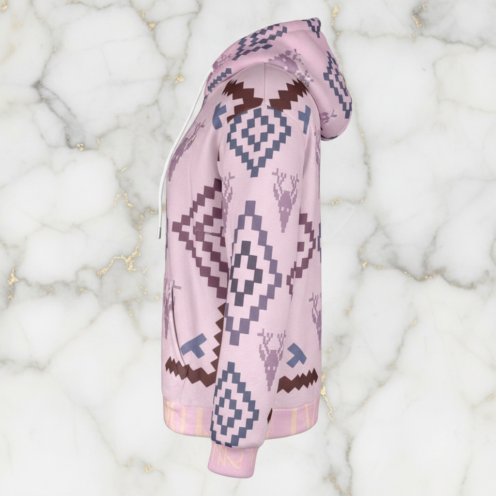 Left side view of pink geometric hoodie