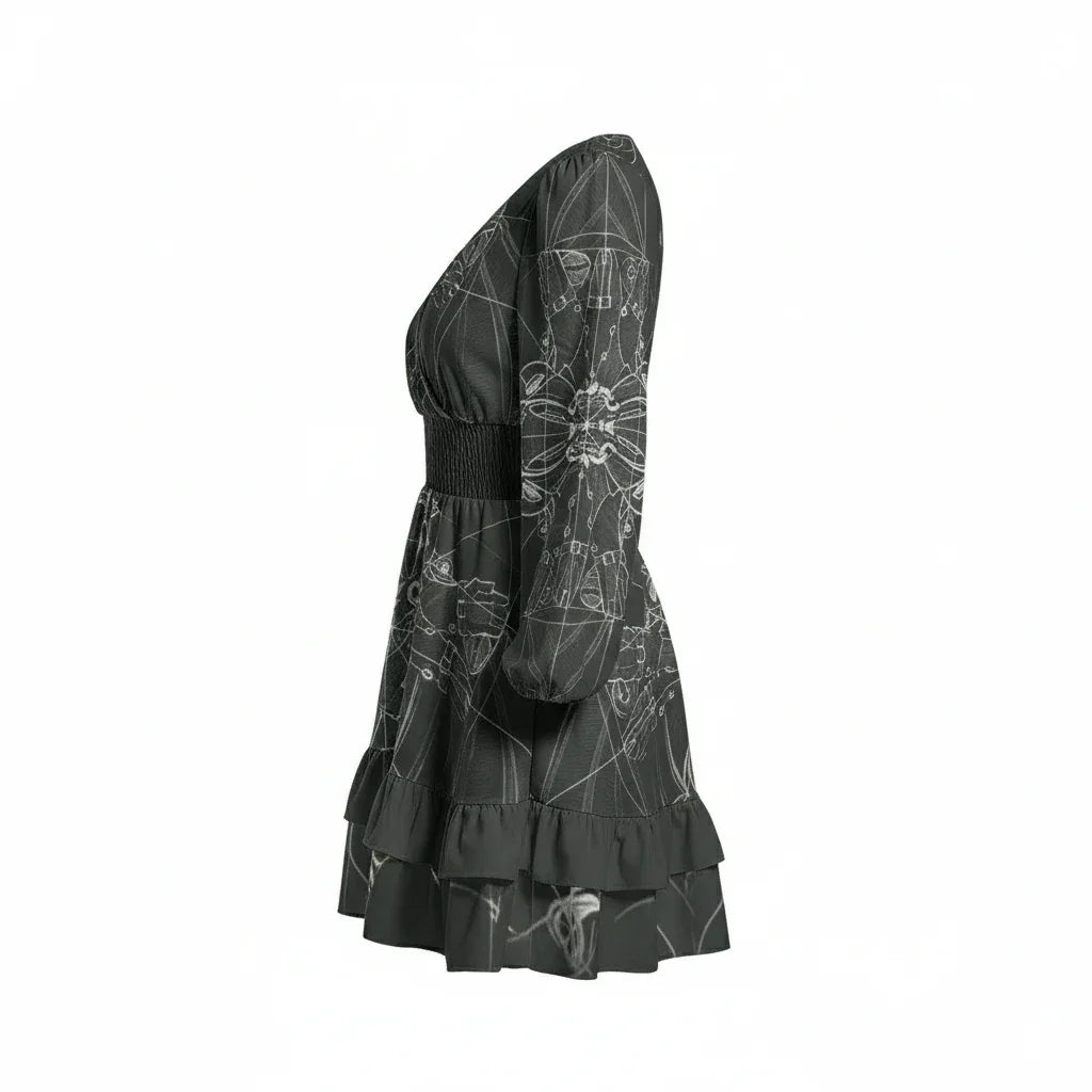 Side view of black long sleeve women's dress with white graphic print and ruffled hem, Ivorynn fashion