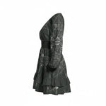 Side view of black long sleeve women's dress with white graphic print and ruffled hem, Ivorynn fashion