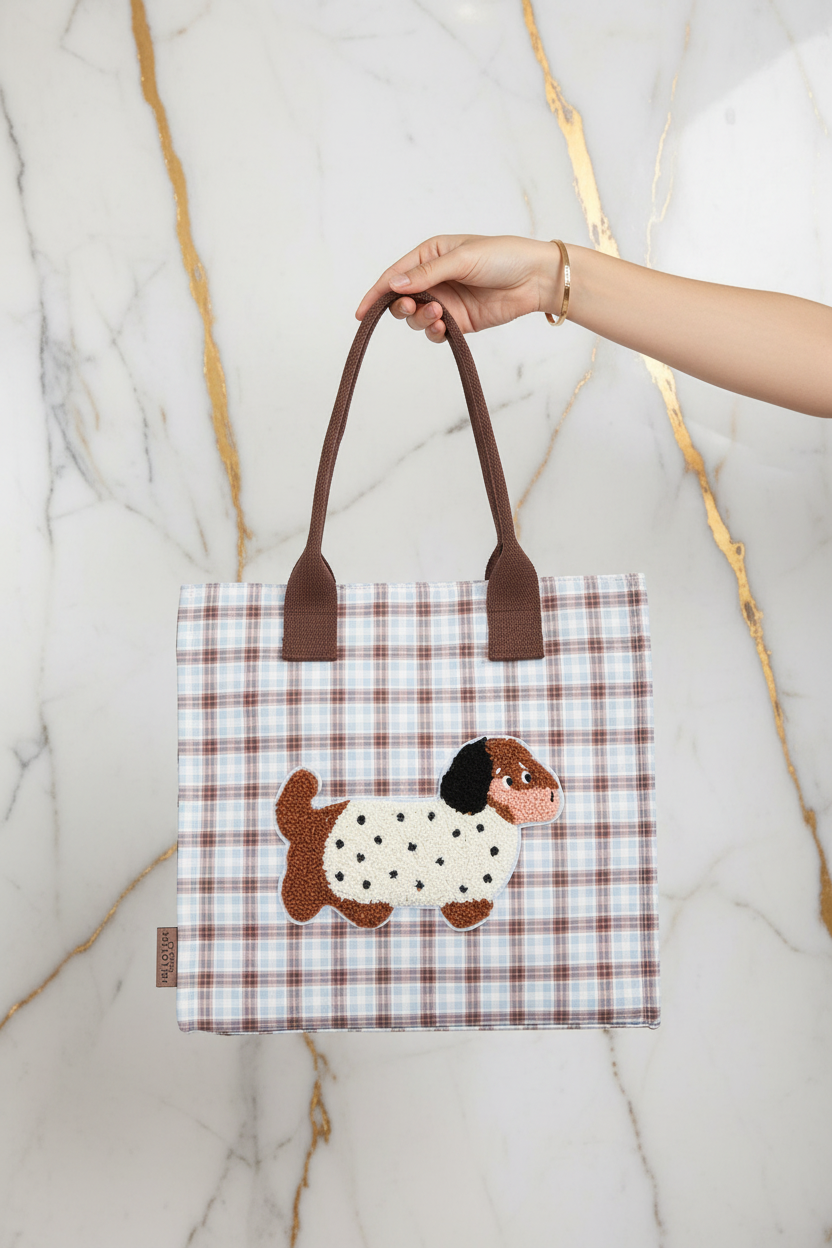 Light Blue Plaid Dog Bag - Marble Background