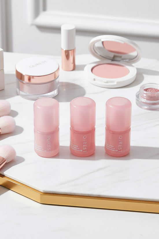 Lipstick among makeup on dressing table