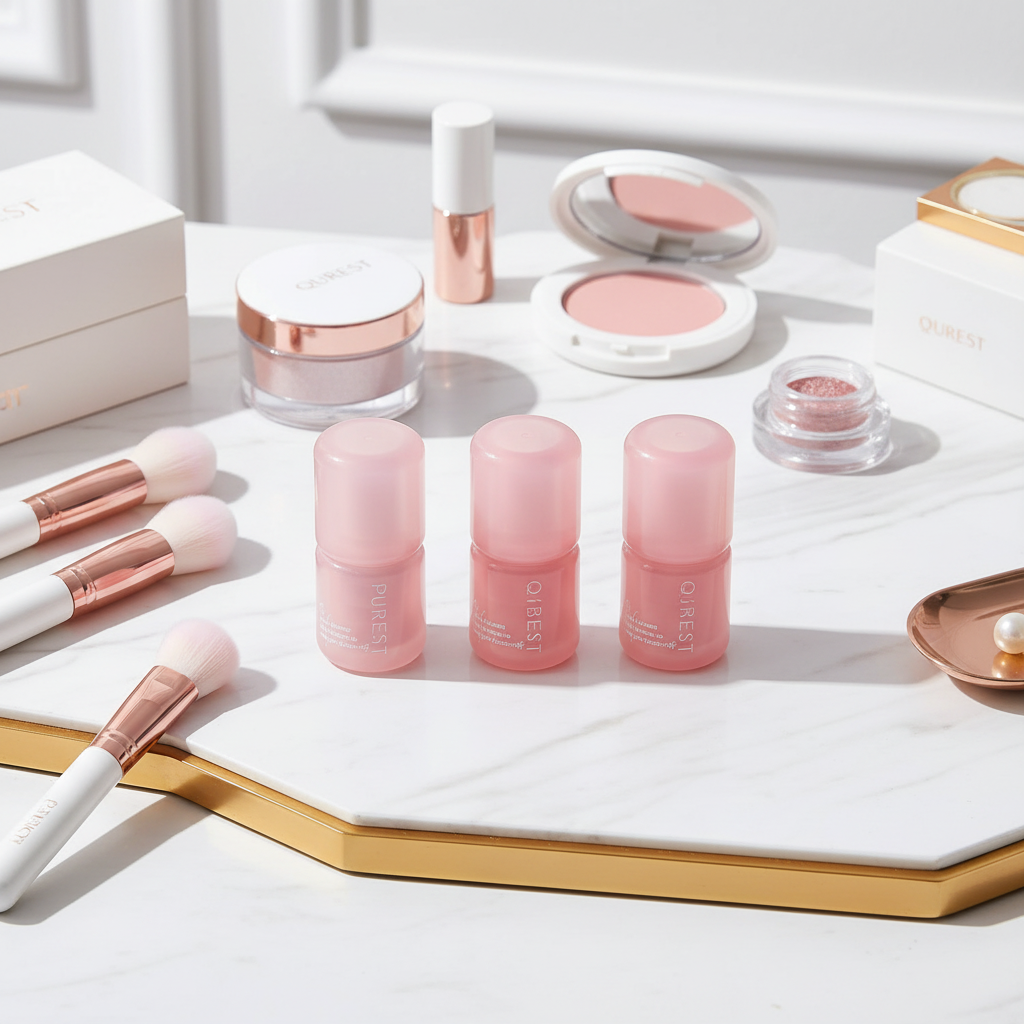 Lipstick among makeup on dressing table