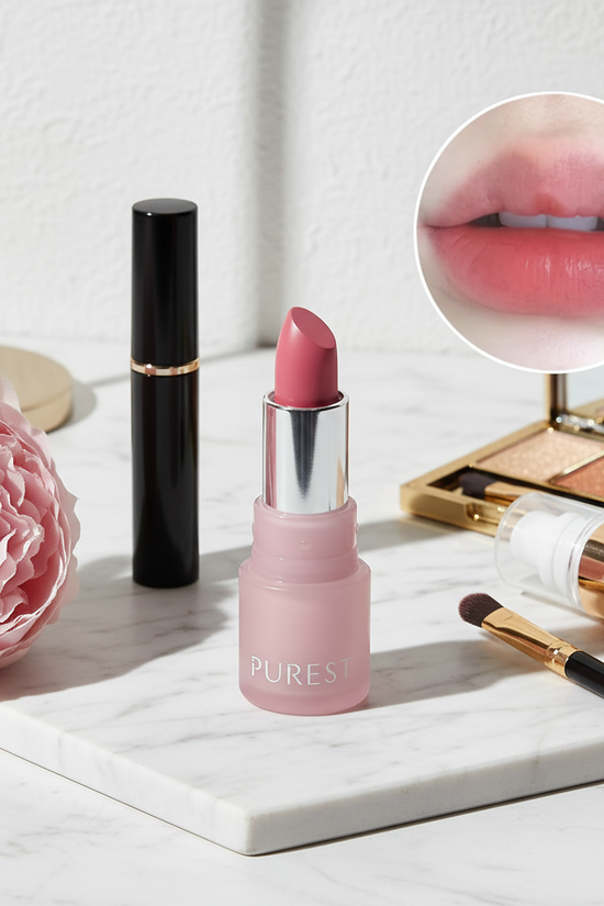 Lipstick with makeup and peony on marble