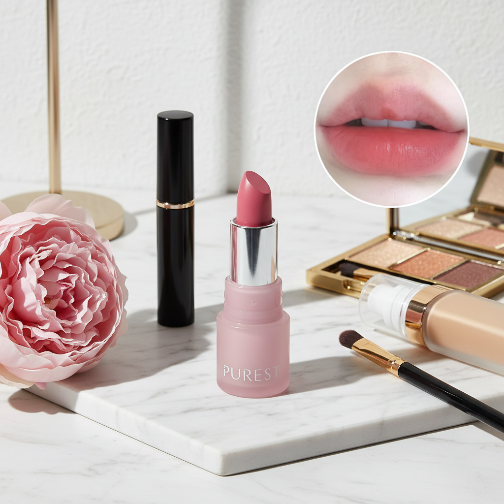 Lipstick with makeup and peony on marble