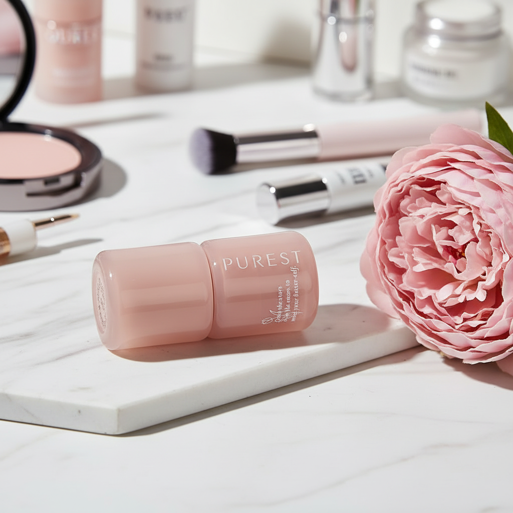Lipstick with peony on marble