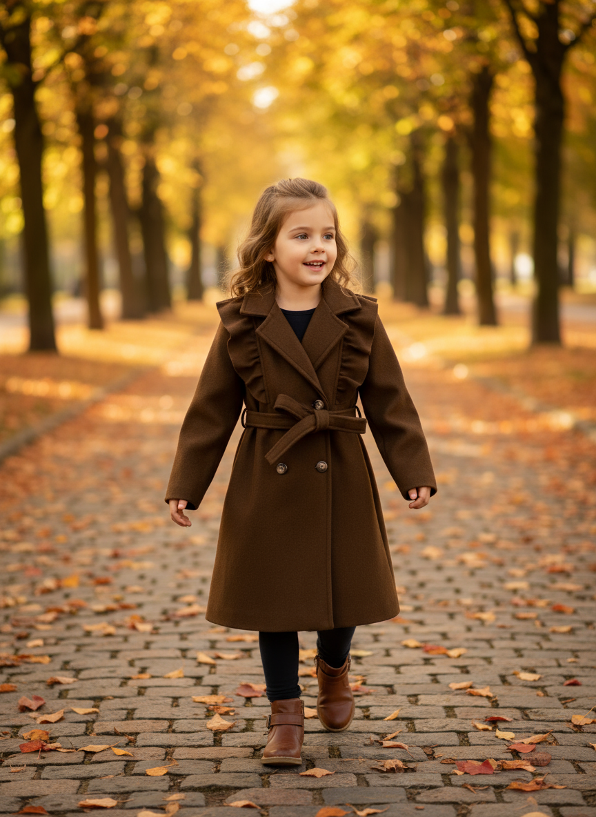 Little girl in brown coat - autumn walk