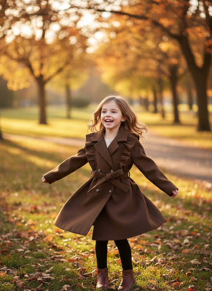 Little girl in brown coat - playful outdoor
