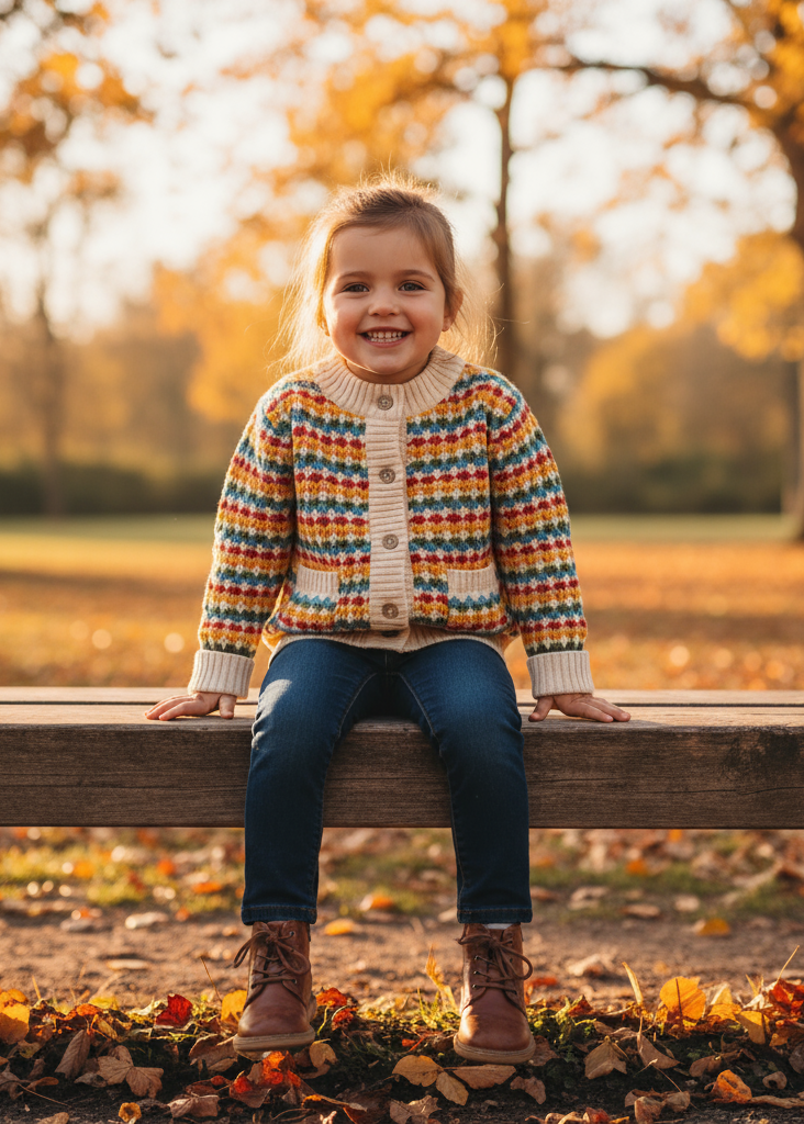 Little girl in cardigan on bench