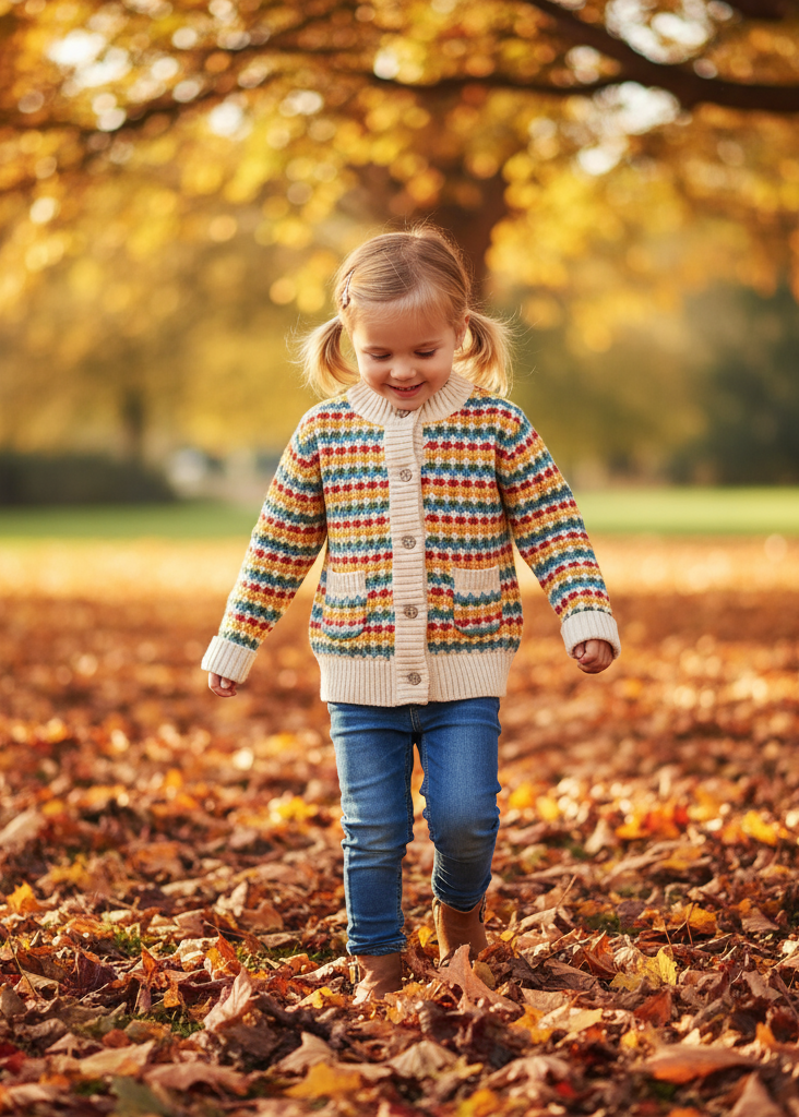 Little girl in cardigan with autumn leaves