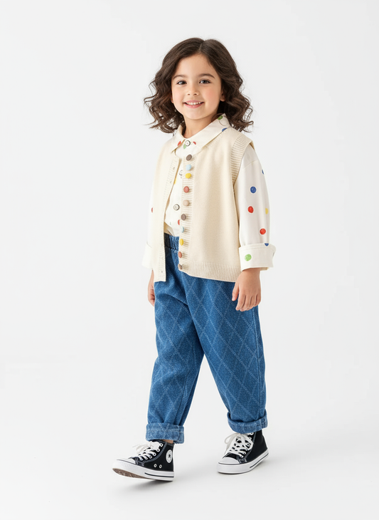 Shirt Sweater Cardigan Kids Beige Color Three-Piece Set