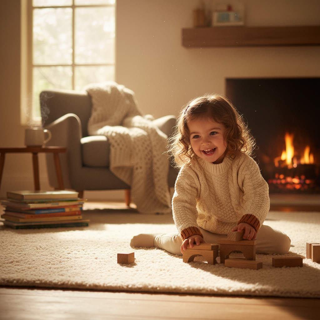 Little girl in winter jumper - cozy indoor