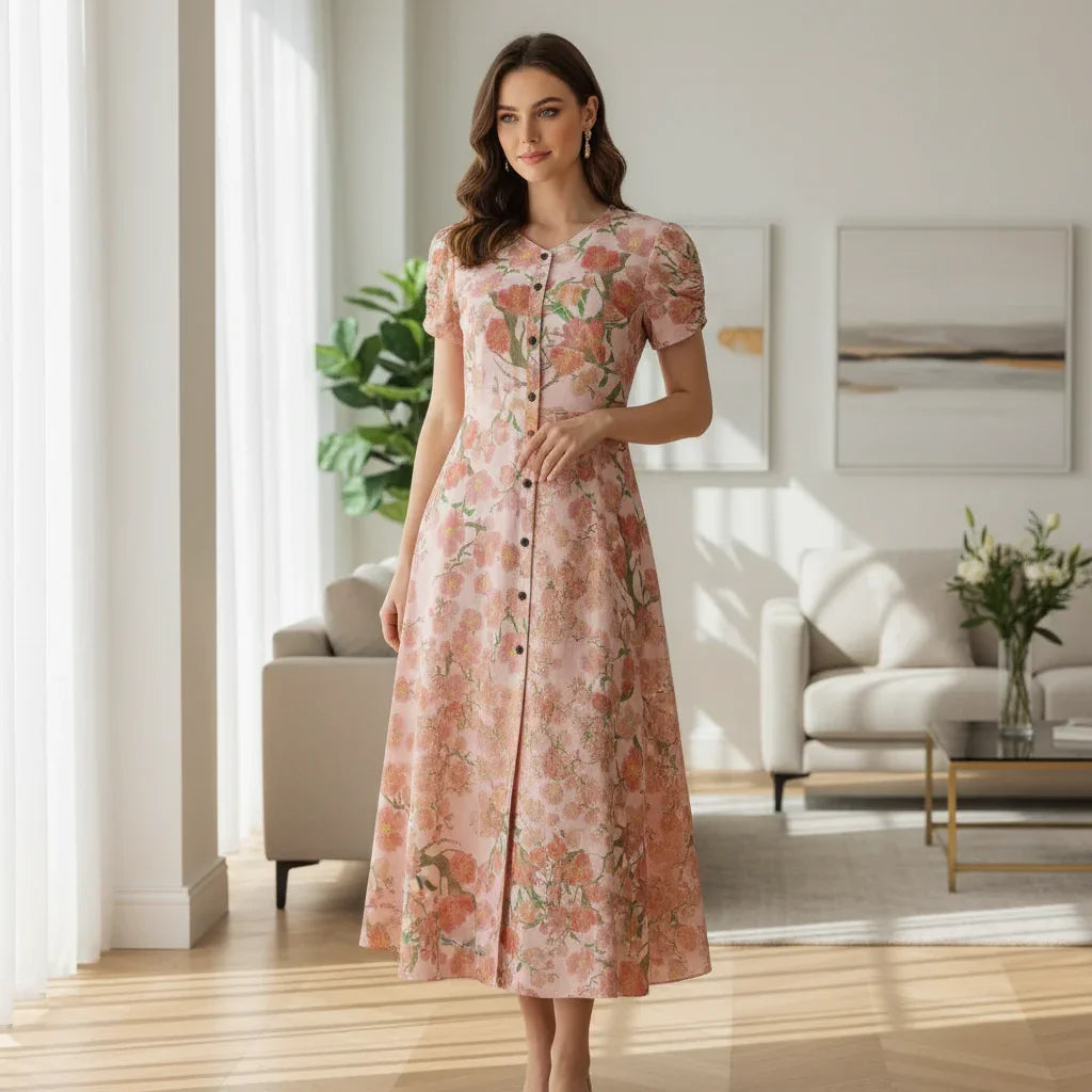 Woman in floral dress standing in modern living room with stylish furniture at Ivorynn
