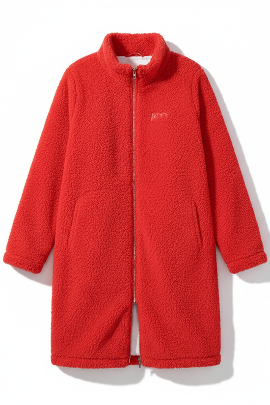 Long Red Borg Fleece Coat - Front