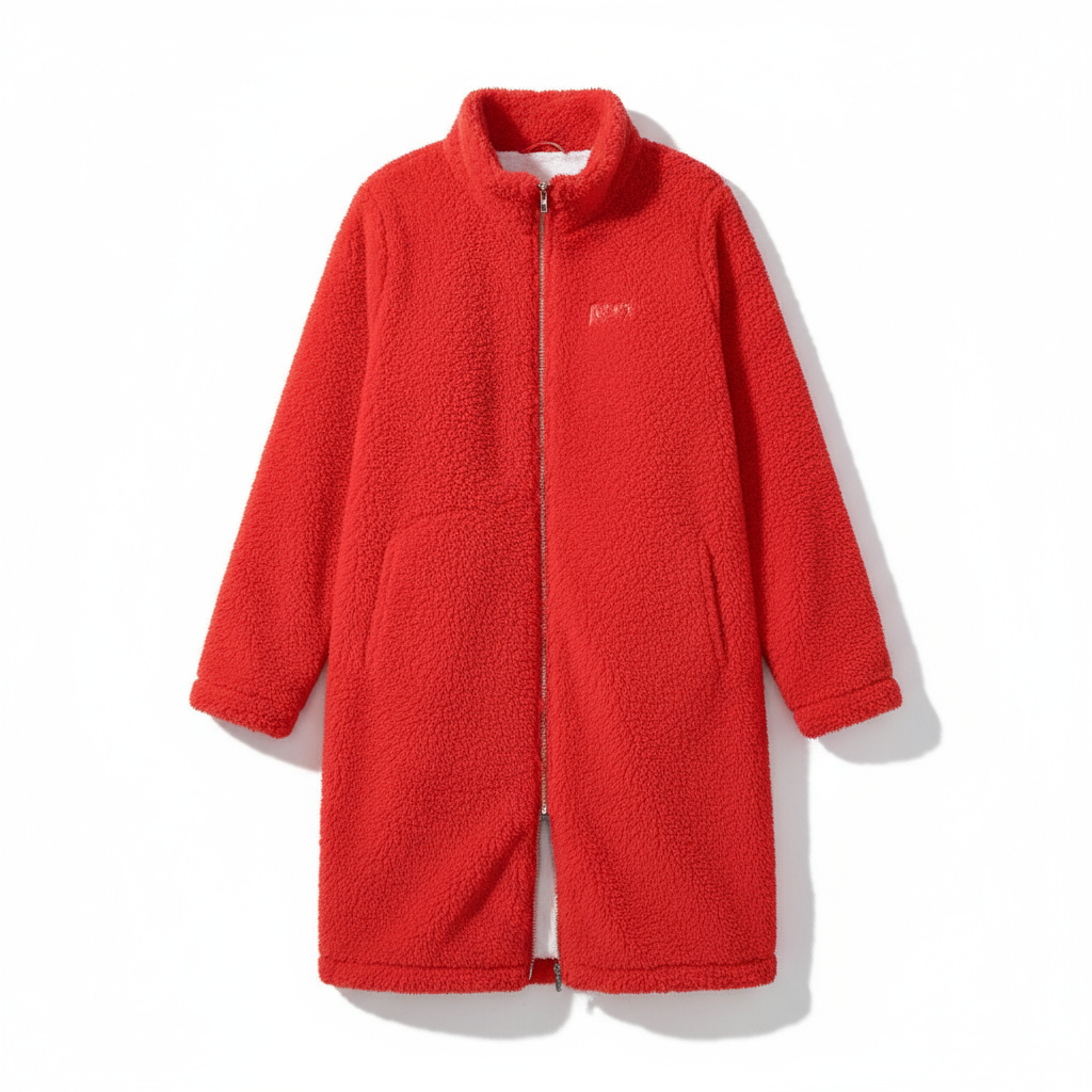 Long Red Borg Fleece Coat - Front