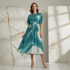 Woman in a teal marble-pattern midi dress standing against marble panels, stylish fashion at Ivorynn