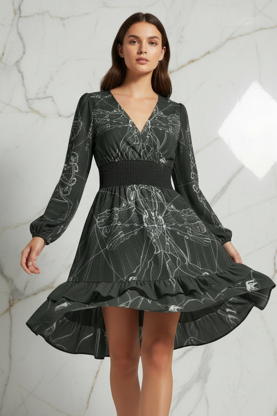 Lower angle full-body showing ruffle hem detail