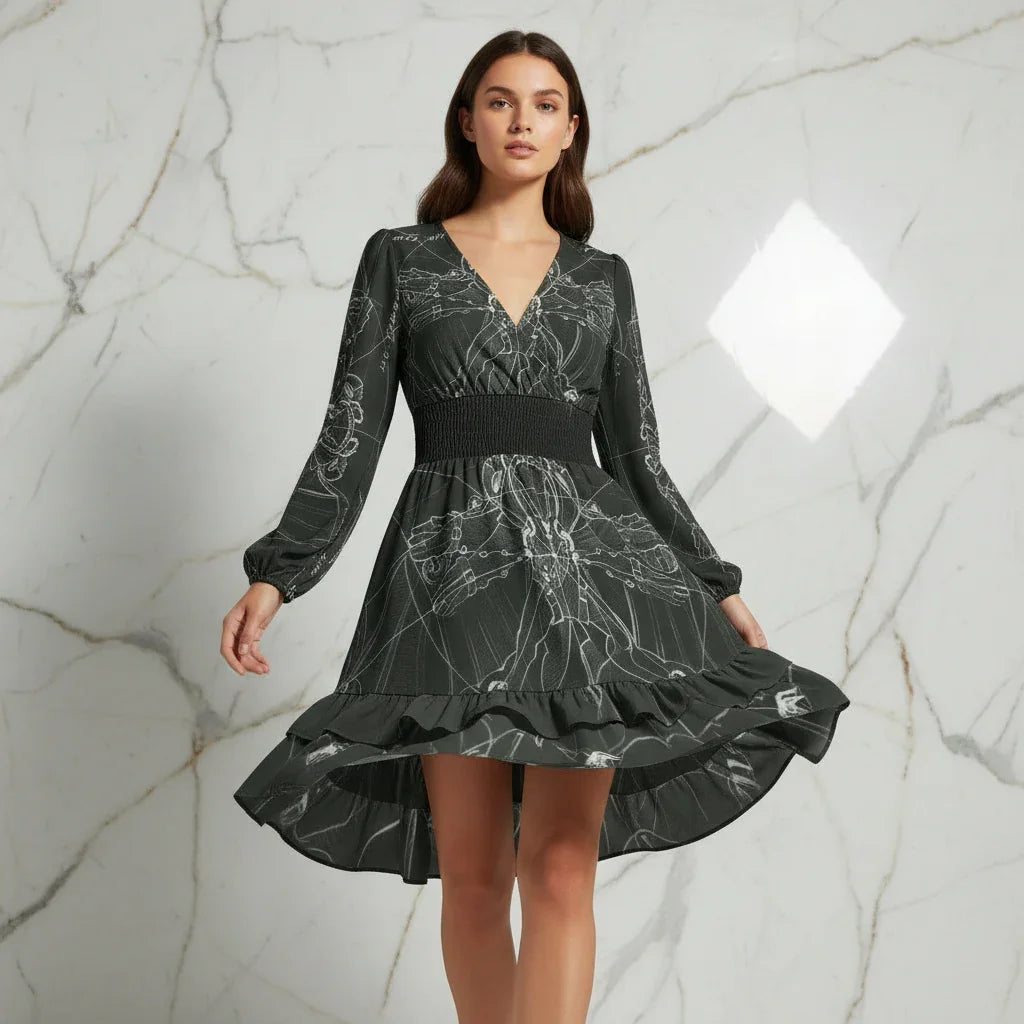 Woman modeling black printed ruffle hem dress with V-neck and long sleeves from Ivorynn fashion