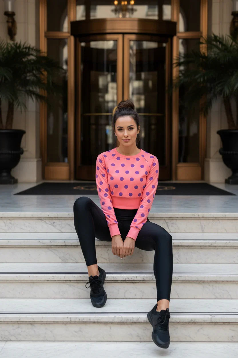 Woman in pink polka dot sweatshirt and black leggings sitting on luxury hotel marble steps