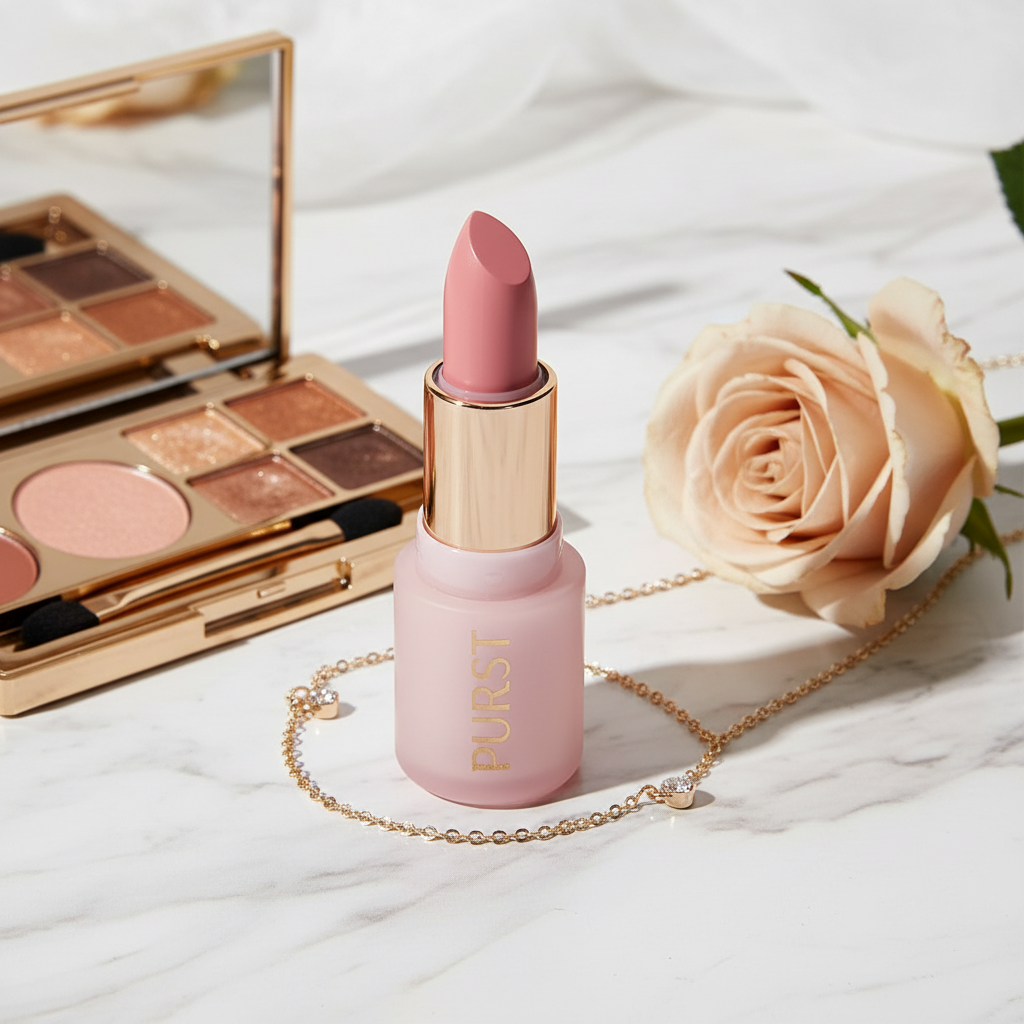 Luxury scene with palette and champagne rose