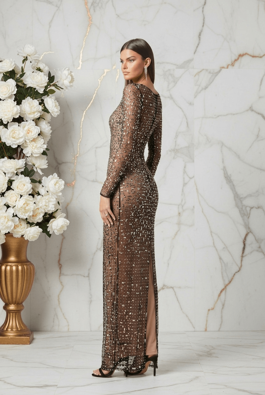 Rhinestone Long Sleeve Slim Black Dress