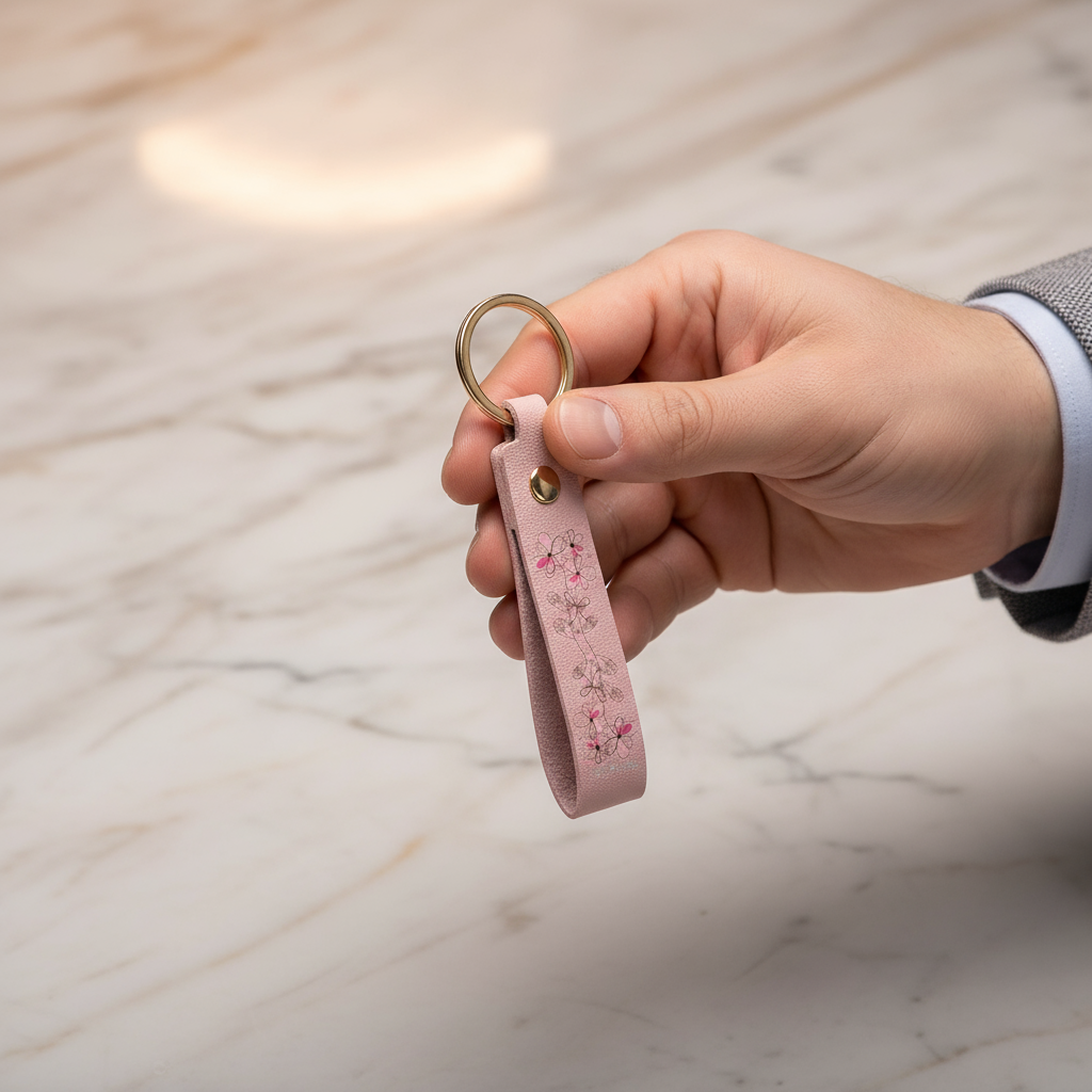 Man holding keychain - three-quarter view