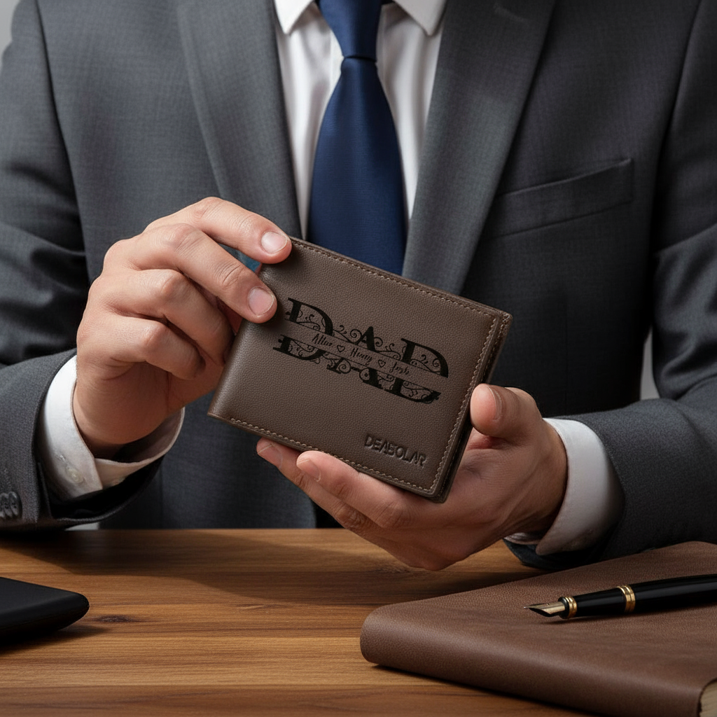 Man holding leather wallet - business setting