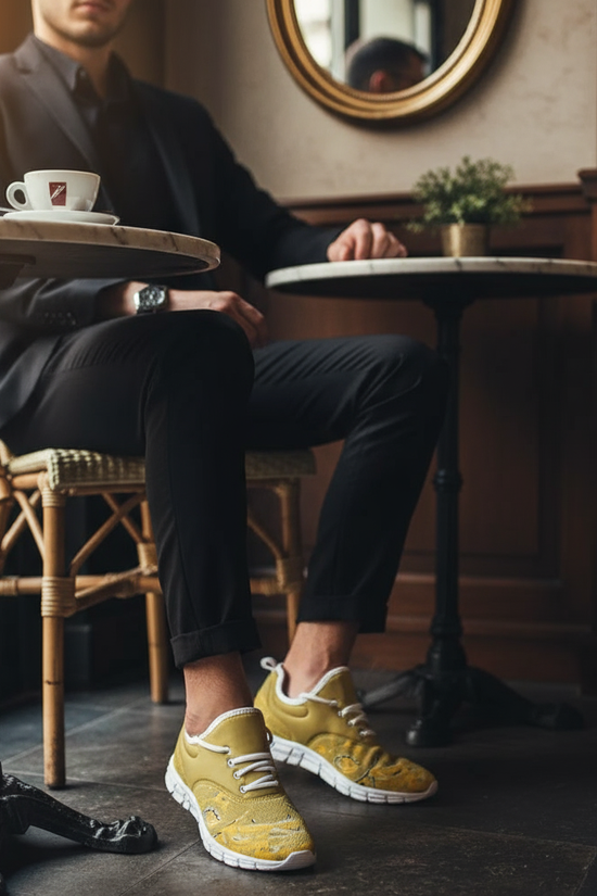 Man in black pants with sneaker close-up