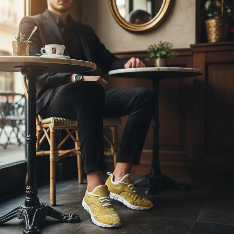 Man in black pants with sneaker close-up