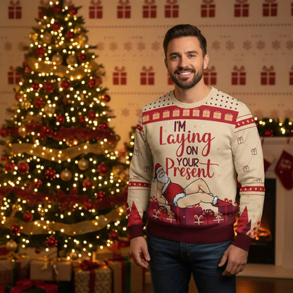 Man in Christmas sweater - By Christmas tree